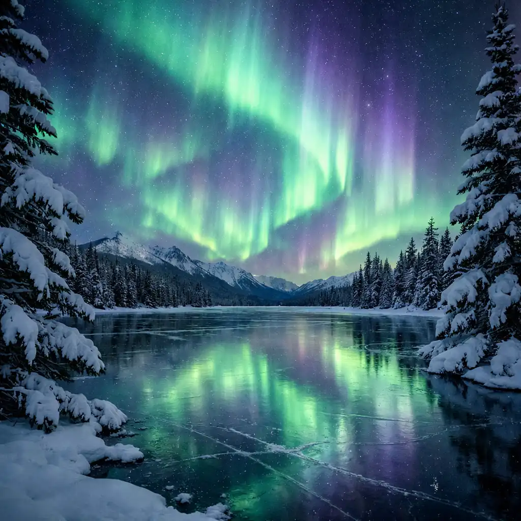 Serene Canadian lake at twilight reflecting the aurora borealis in cyan, violet, and green with snow-covered pine trees