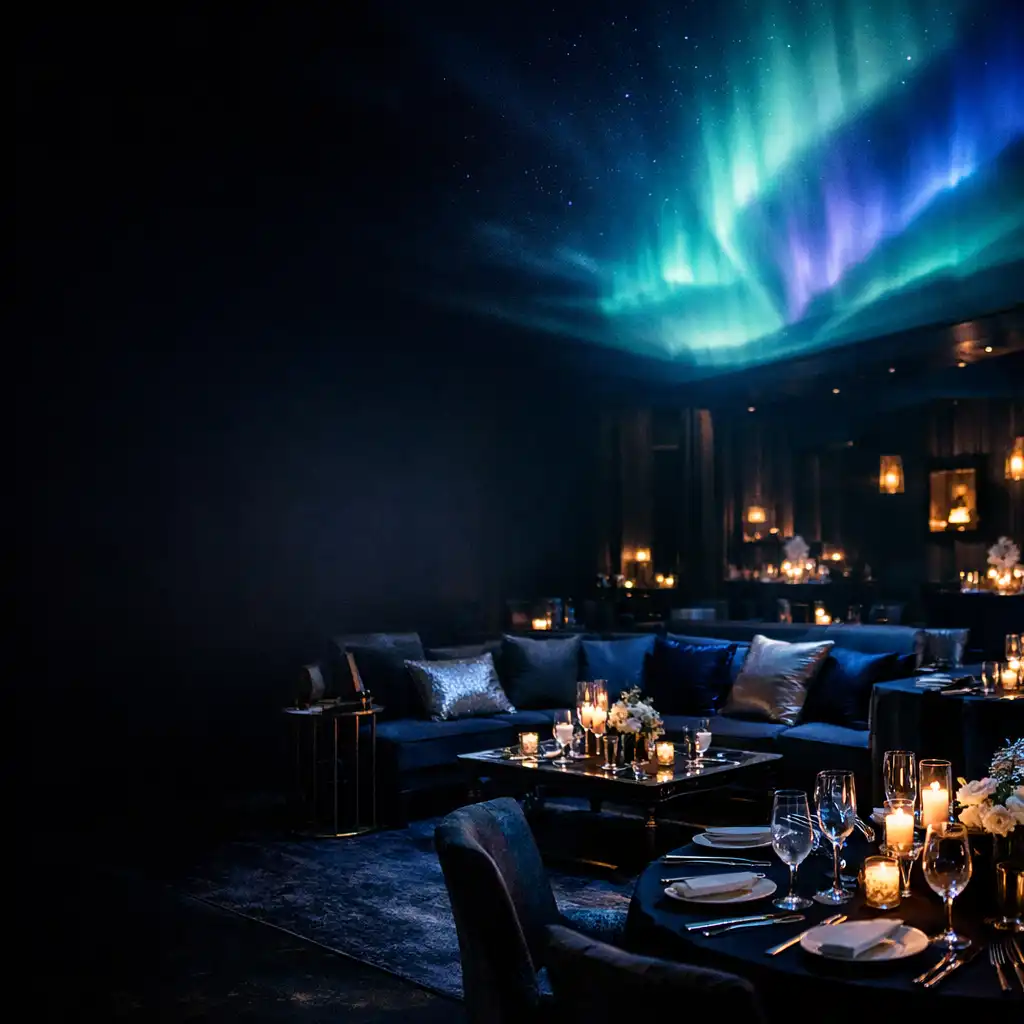 Luxurious event space with dark moody lighting, elegant table settings, and a subtle aurora borealis projection on the ceiling