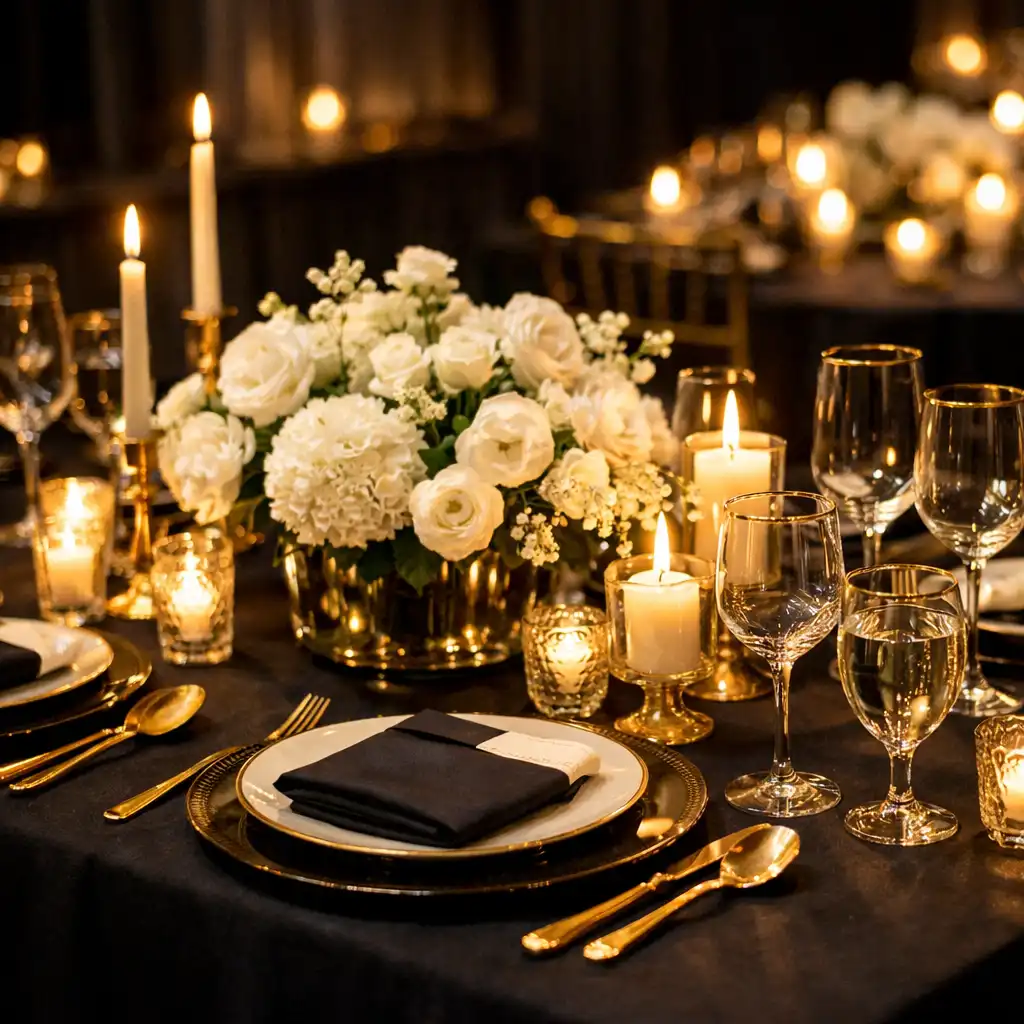 Beautifully set event table with dark linens, gold-rimmed glassware, white flowers, and candles in warm intimate lighting
