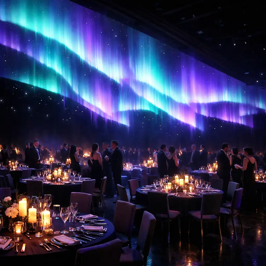Event space with aurora borealis-inspired lighting installation
