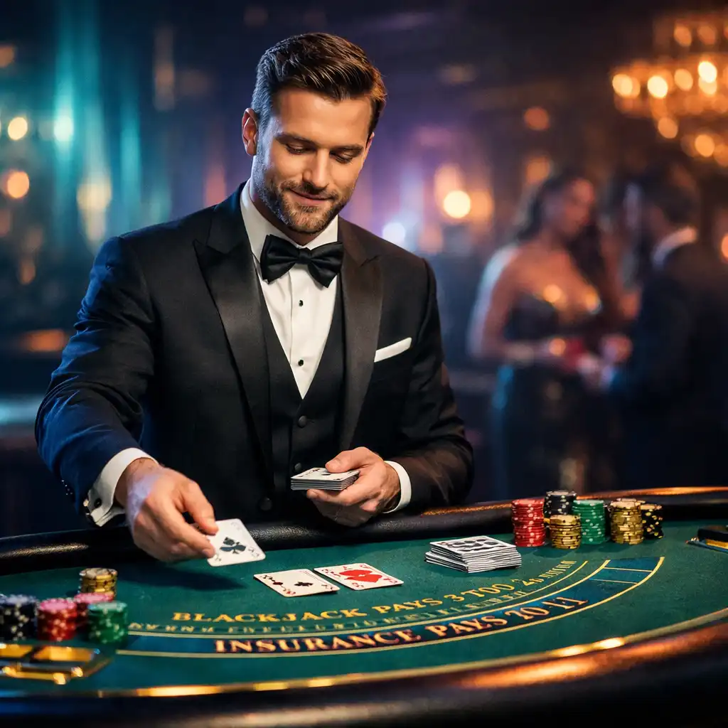 Professional dealer at a blackjack table during an Auroravexi casino night in a dark elegant venue
