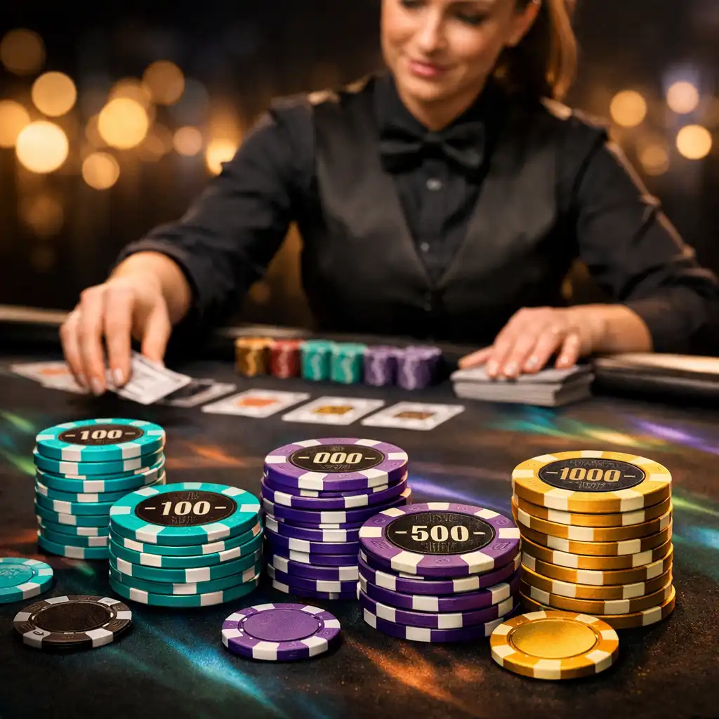 Themed poker night table with professional dealer and custom tournament chips in cyan, violet, and gold
