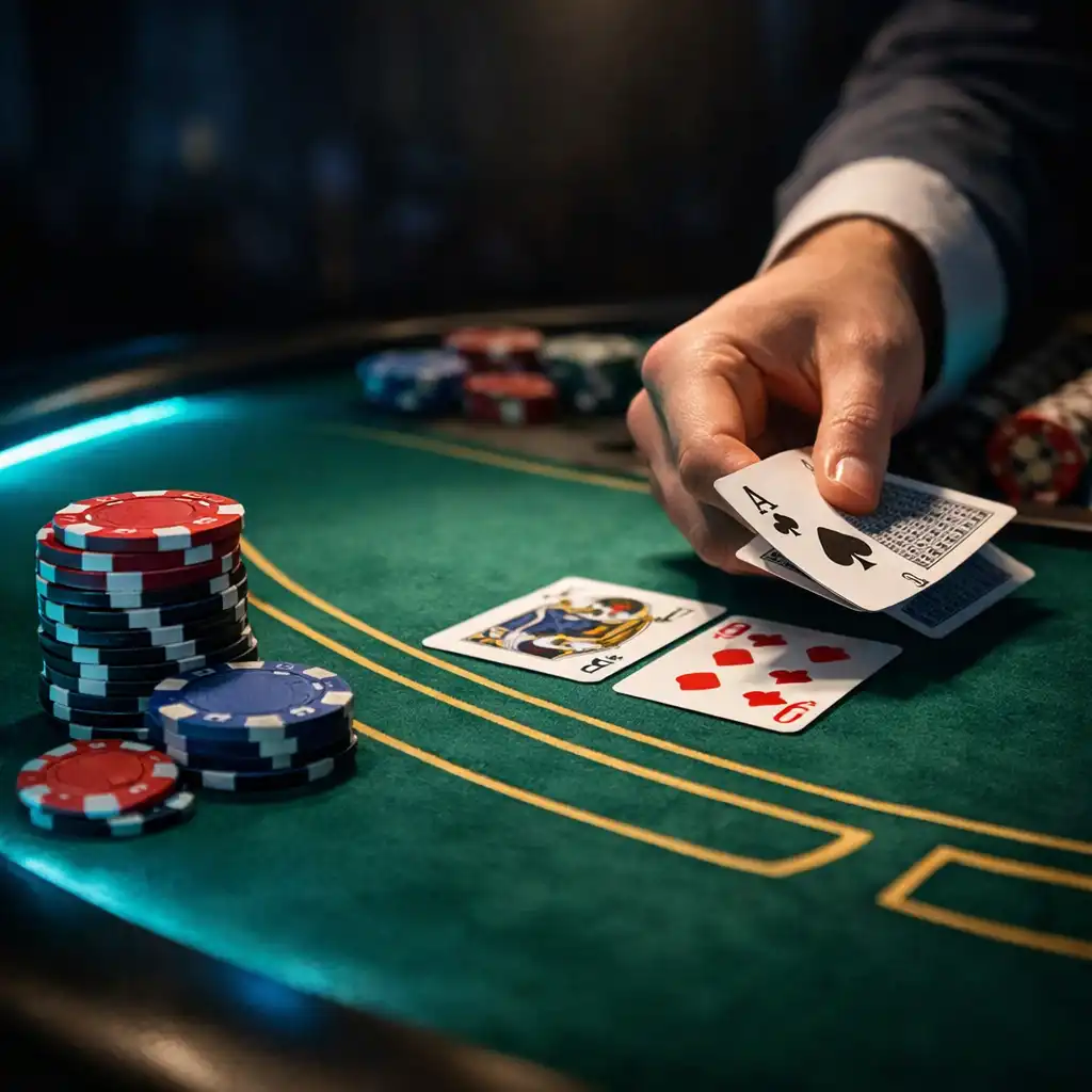 Close-up of a professional blackjack table with green felt and tournament chips