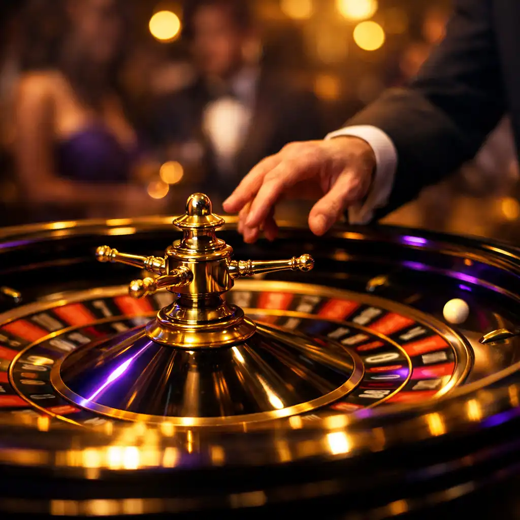 Roulette wheel in motion with blurred background and dramatic lighting