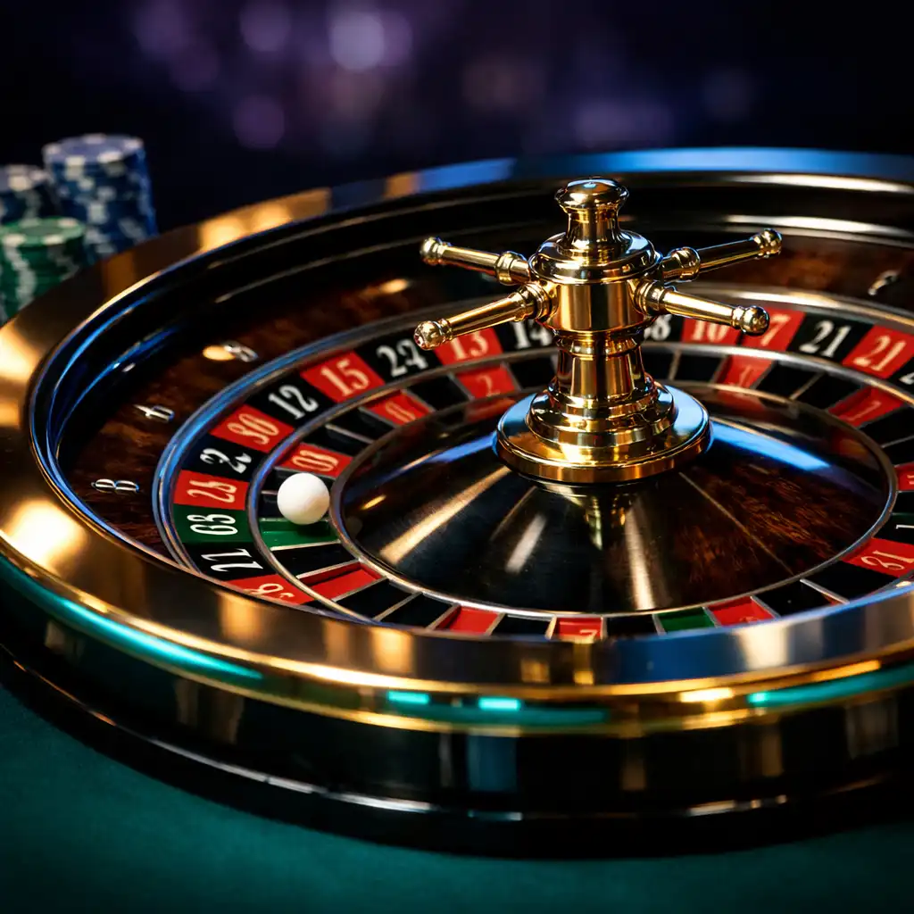 Close-up of a roulette table with spinning wheel and stacked chips under soft cyan and violet lighting