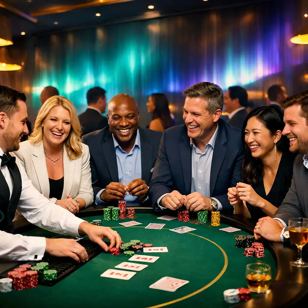 Business professionals enjoying a poker table at a corporate poker night with modern aurora lighting