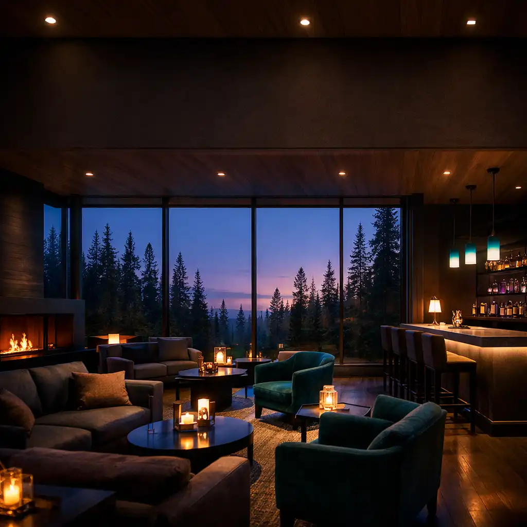 Elegant corporate retreat lounge with floor-to-ceiling windows overlooking a pine forest at dusk