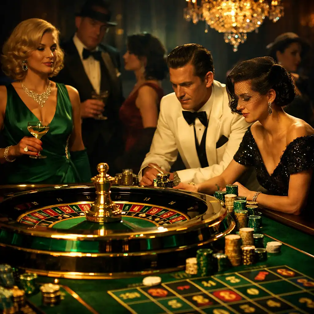 Custom Monte Carlo themed event with roulette table and vintage-inspired guests