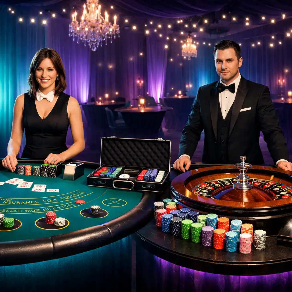 Themed poker night setup with professional blackjack and roulette tables, custom chip sets, and cyan and violet atmospheric lighting
