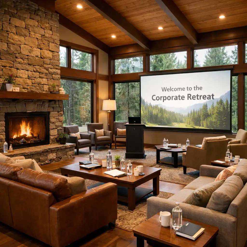 Corporate retreat setting in a modern lodge with large windows overlooking a forest, comfortable seating, and a fireplace