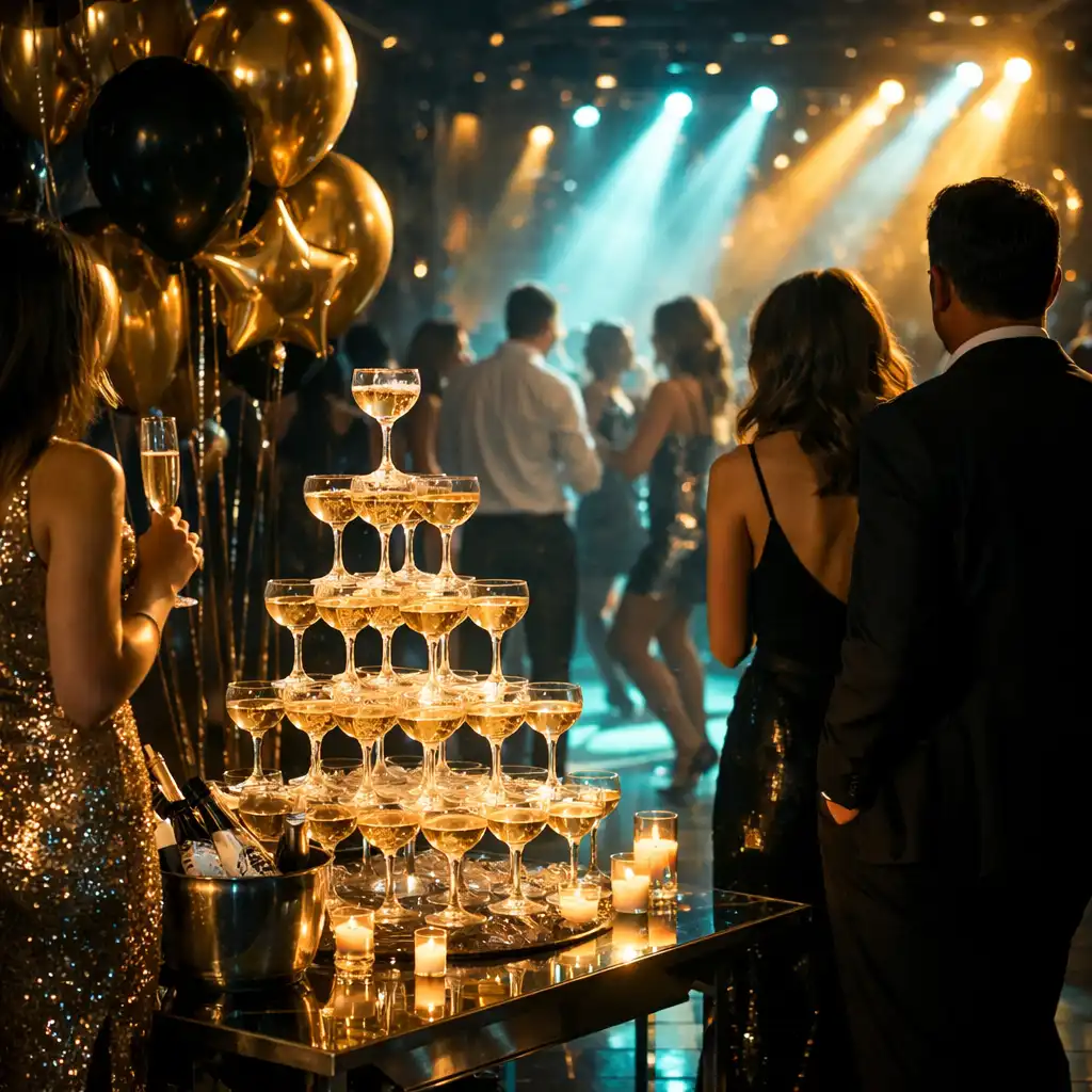 VIP celebration scene with elegant decor, champagne tower, gold balloons, and atmospheric cyan and gold lighting