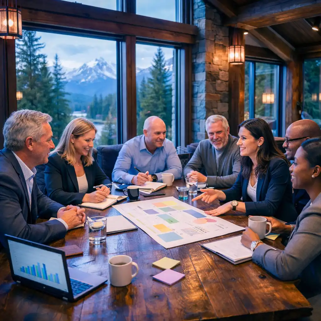 Executive retreat workshop in a Canadian lodge with business leaders collaborating around a large wooden table