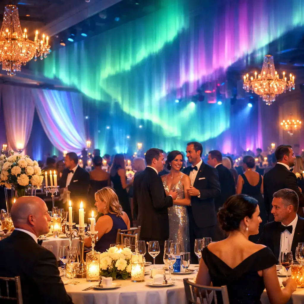 Corporate gala event in a ballroom with aurora-themed lighting and guests in formal attire