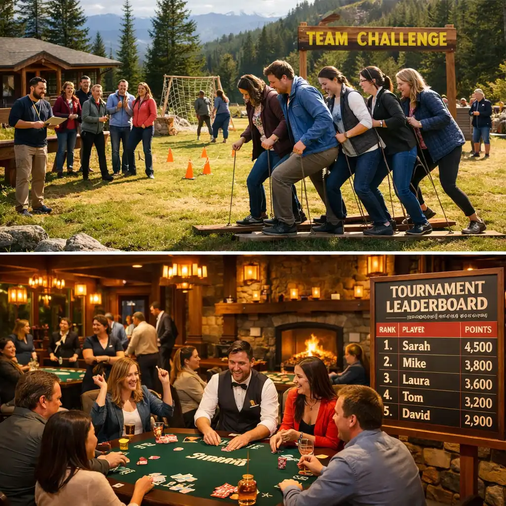 Corporate retreat in a mountain lodge with daytime team-building and evening poker tournament