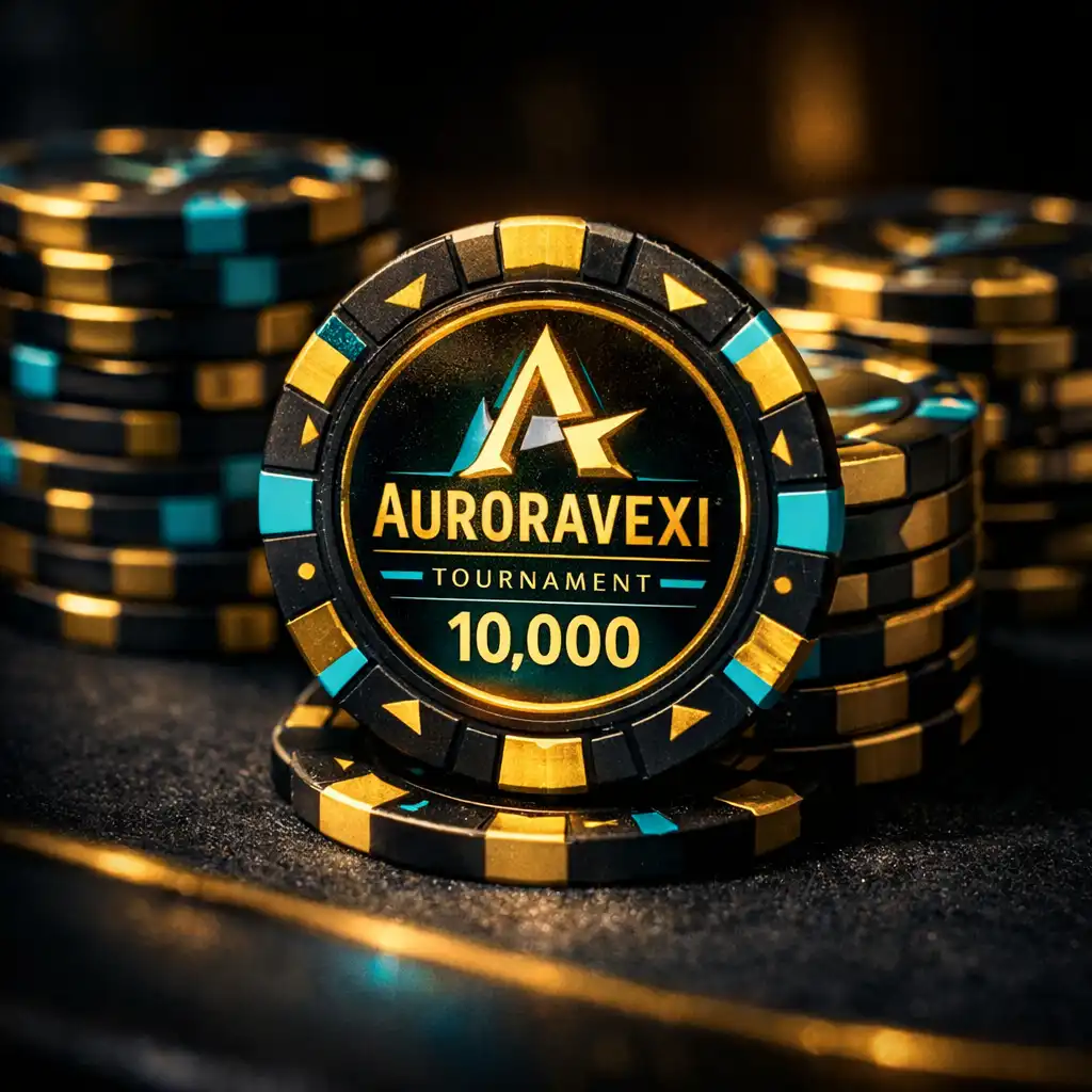 Close-up of custom tournament chips with Auroravexi branding on a dark felt table