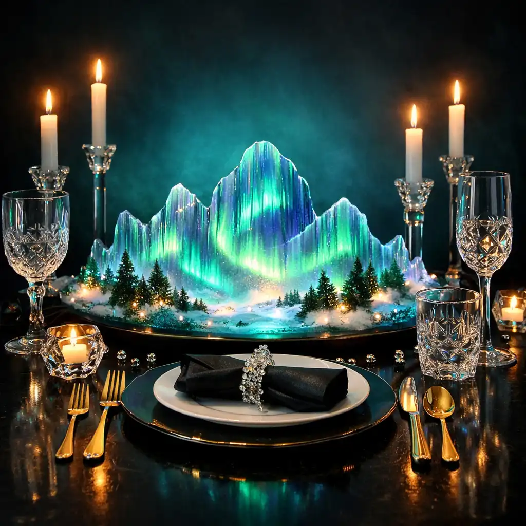 Elegant table setting with aurora-themed centerpiece, crystal glassware, and gold cutlery