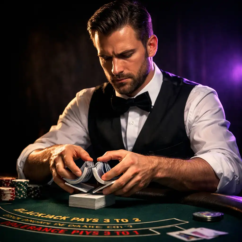 Professional dealer in formal attire shuffling cards at a blackjack table