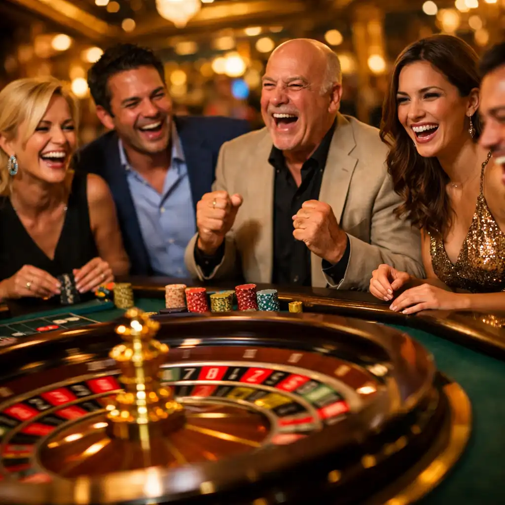 Guests laughing and enjoying a roulette table with warm ambient lighting