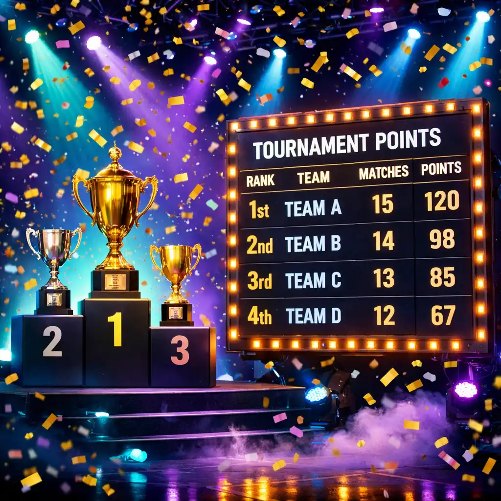 Awards ceremony with gold trophies and tournament points board, confetti falling