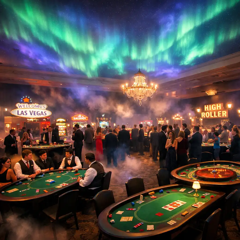 Wide shot of a themed poker night event space with multiple tables and aurora projection on ceiling
