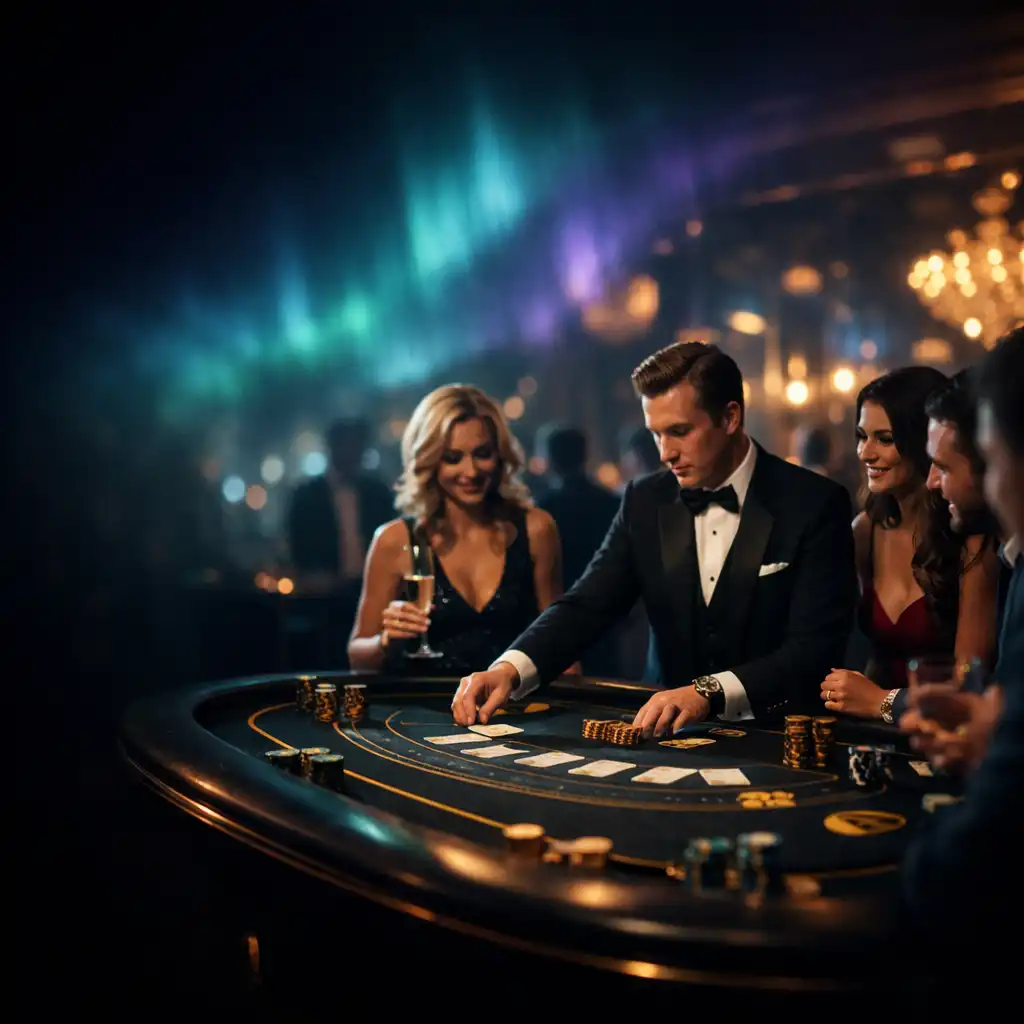 Luxurious casino-themed event space with aurora-inspired lighting and elegant guests