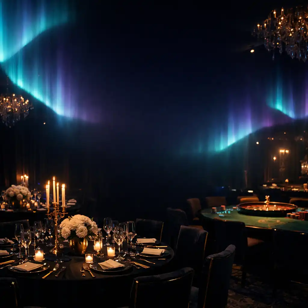 Luxurious event space with aurora-inspired cyan and violet lighting, elegant table settings, and a subtle casino table in the background