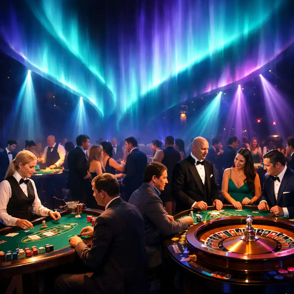 Themed poker night setup with multiple tables and dramatic lighting