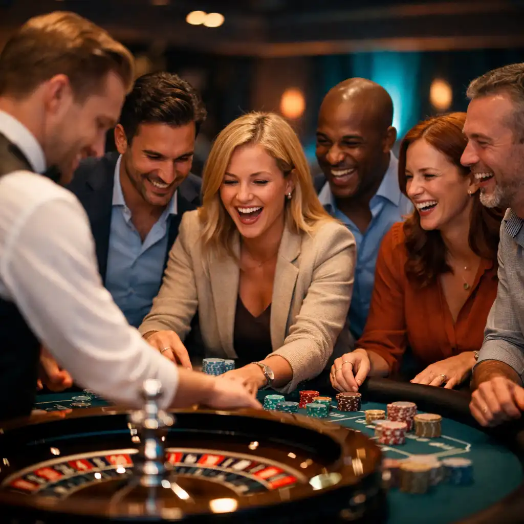 Corporate team building event with colleagues playing roulette