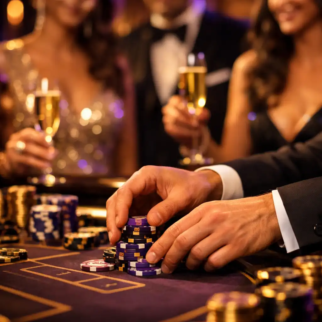 VIP celebration with elegantly dressed guests at a poker table