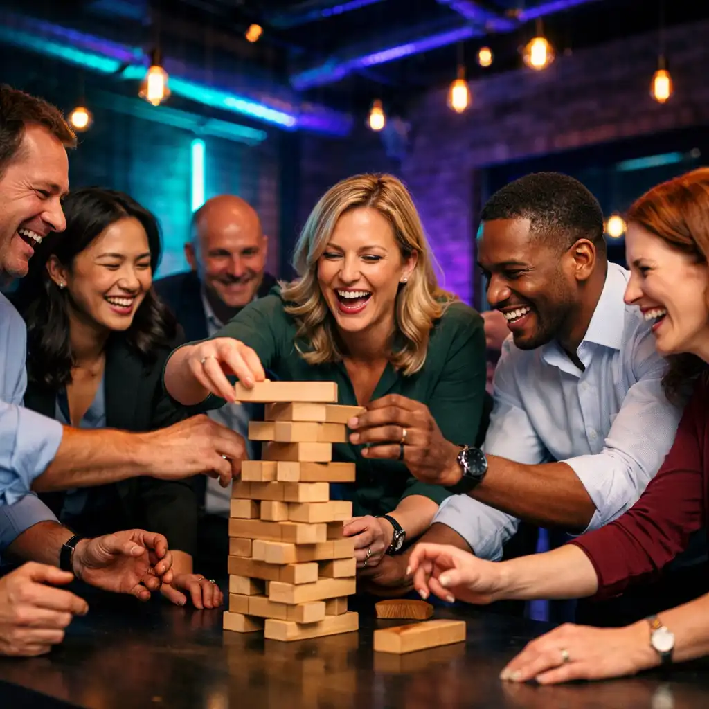 Corporate team-building activity with employees laughing and collaborating in a modern indoor space