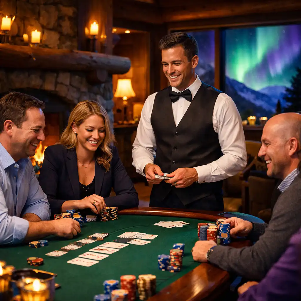 Corporate retreat in a mountain lodge with a poker night setup, professional dealer behind a poker table, and executives playing with custom chips
