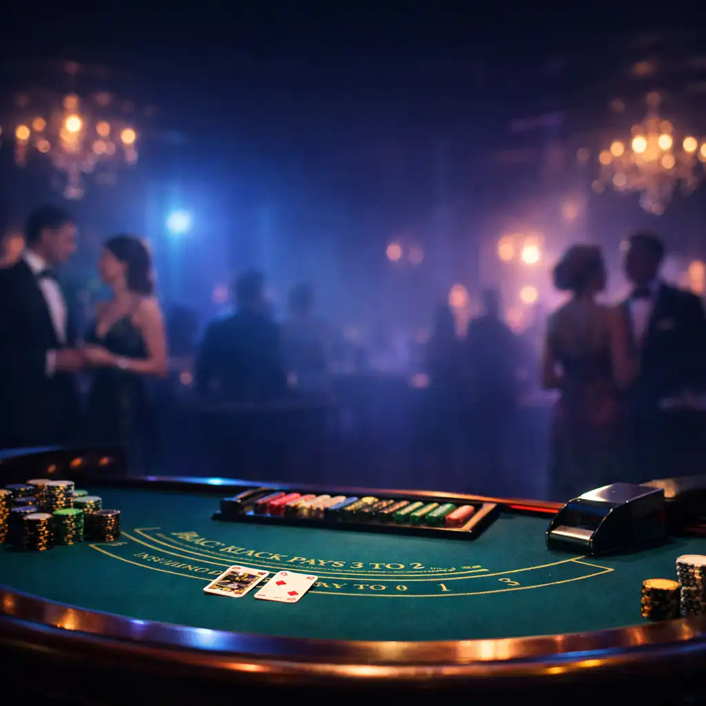 Elegant poker-themed event setup in a dark ballroom with a professional blackjack table, gold-accented chips, and soft cyan and violet lighting