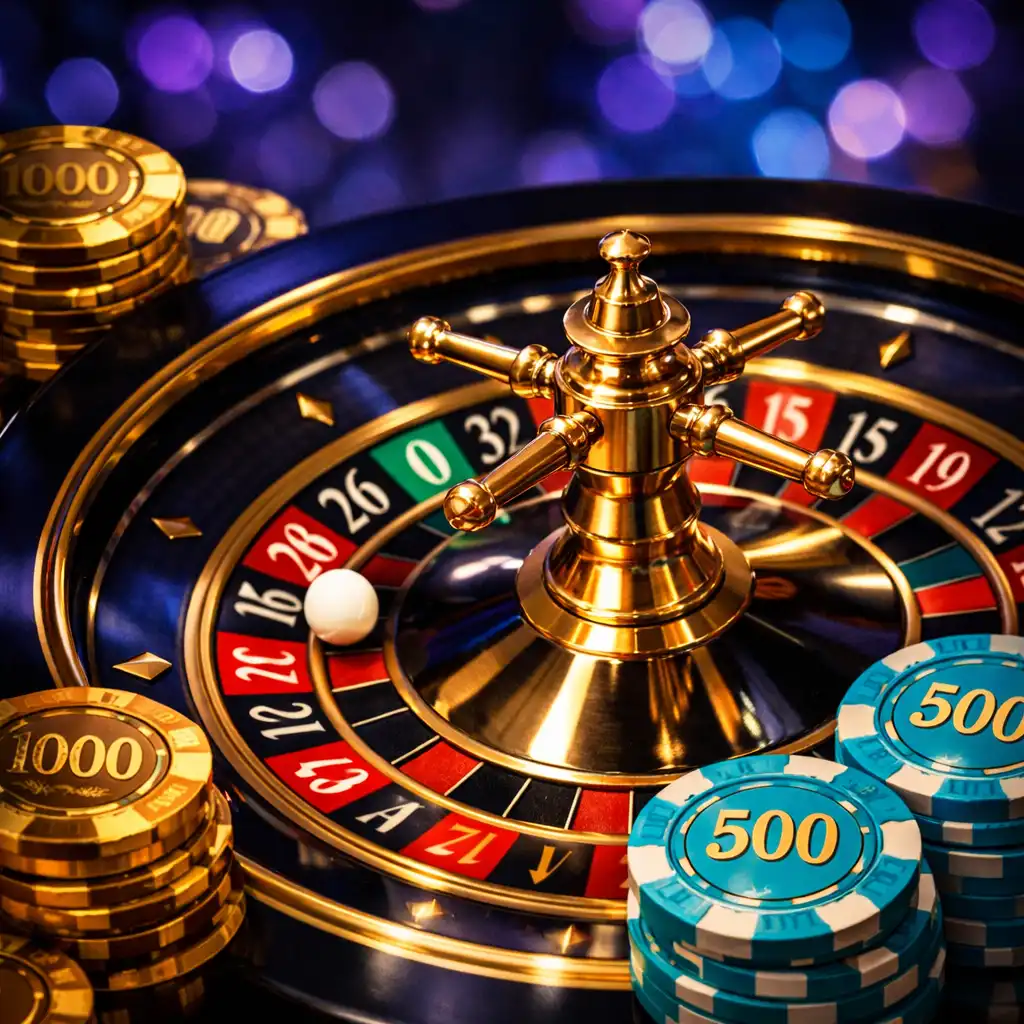 Close-up of a roulette wheel in motion surrounded by custom gold and cyan chips with dark bokeh lights in the background