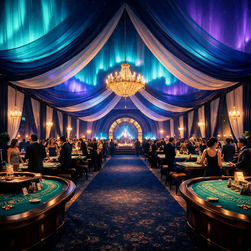 Wide view of a luxurious event space with multiple poker tables, elegant drapery, and aurora-inspired cyan and violet lighting