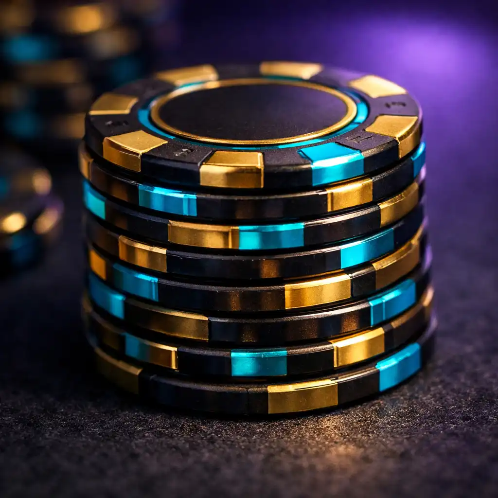 Stack of custom tournament chips with gold and cyan accents on dark felt