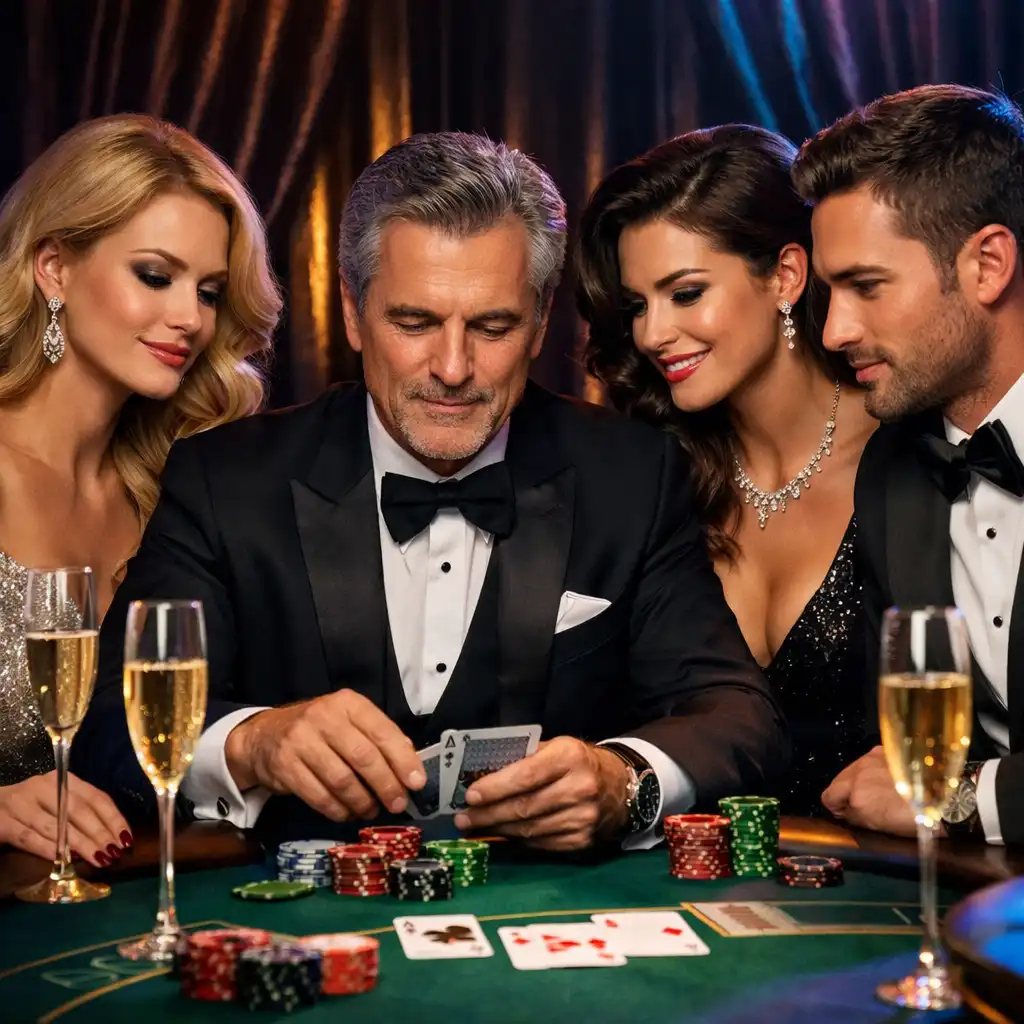 Elegantly dressed guests at a blackjack table during a VIP celebration with champagne and dramatic lighting