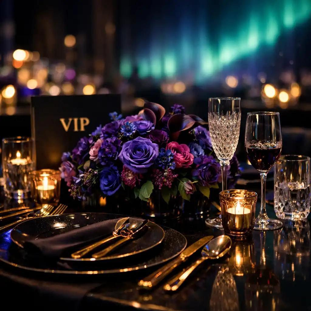 Luxurious VIP celebration table setting with crystal glassware and gold cutlery in a dark upscale venue